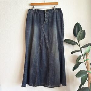 VTG Y2K Jeanology Maxi Denim Skirt SZ 12 Flare Mermaid Grunge Festival Low-Rise